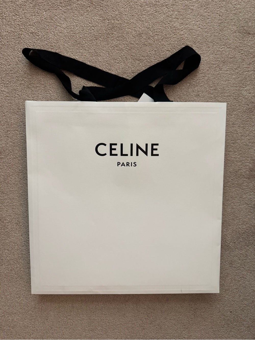 Celine White Paper Shopping Bag with Black Ribbon Handles